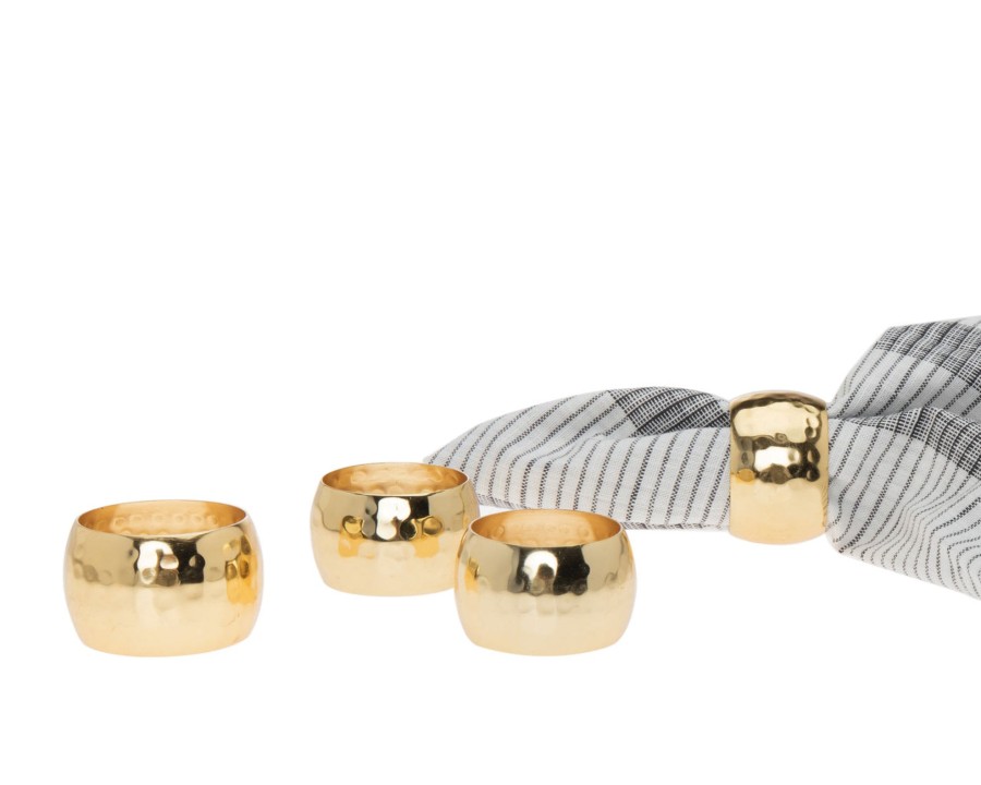 Dining Godinger | Round Gold Hammered Napkin Ring Set