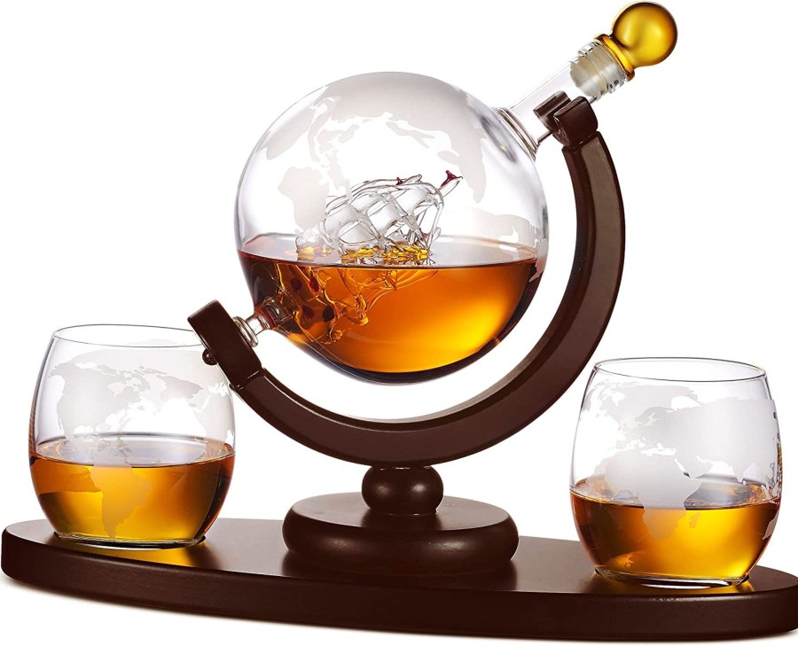 Glassware & Barware Godinger | Globe Decanter Set With 2 Etched Whiskey Glasses 850Ml