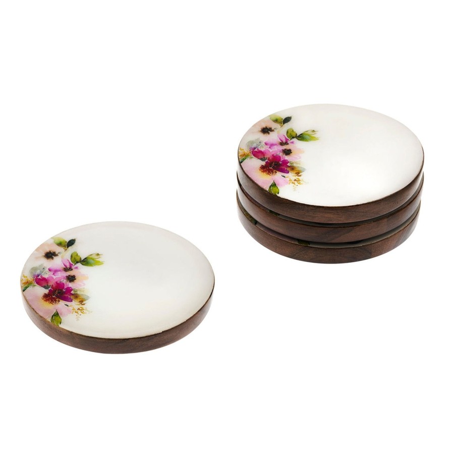 Glassware & Barware Godinger | Claro Walnut Pink Floral Coaster Set