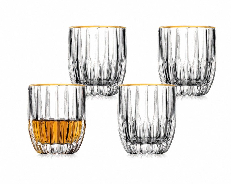 Glassware & Barware Godinger | Pleat Gold Rim Double Old Fashion Glass, Set Of 4