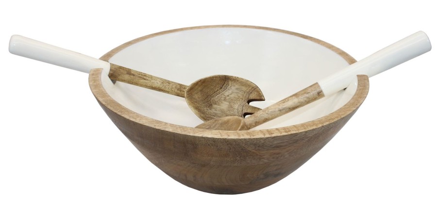 Kitchen Godinger | Wood & Enamel Salad Bowl With Servers