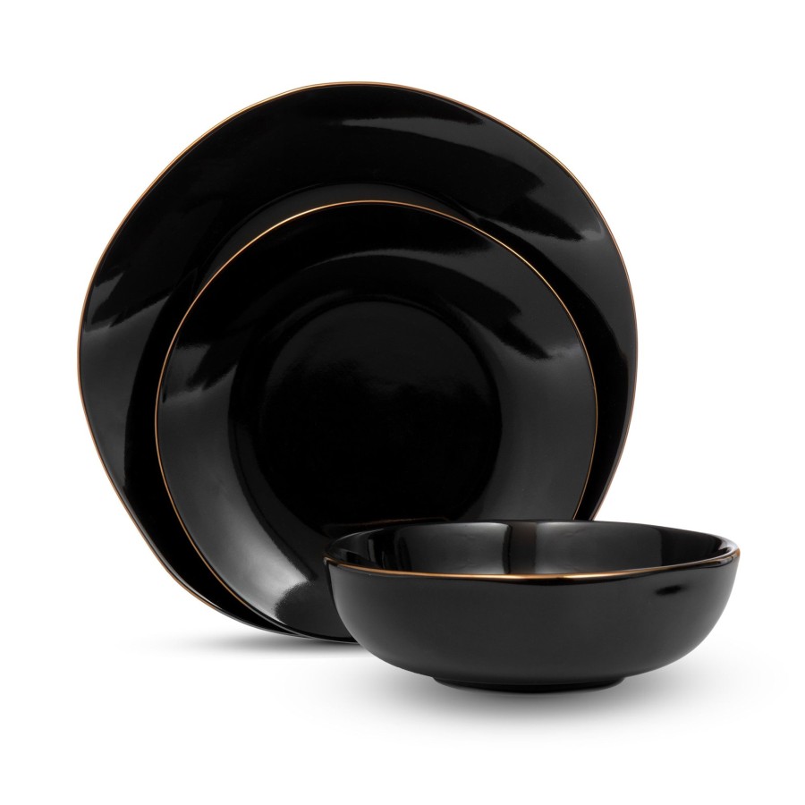 Dining Godinger | Andover Black 12 Piece Gold Rim Dinnerware Set, Service For 4