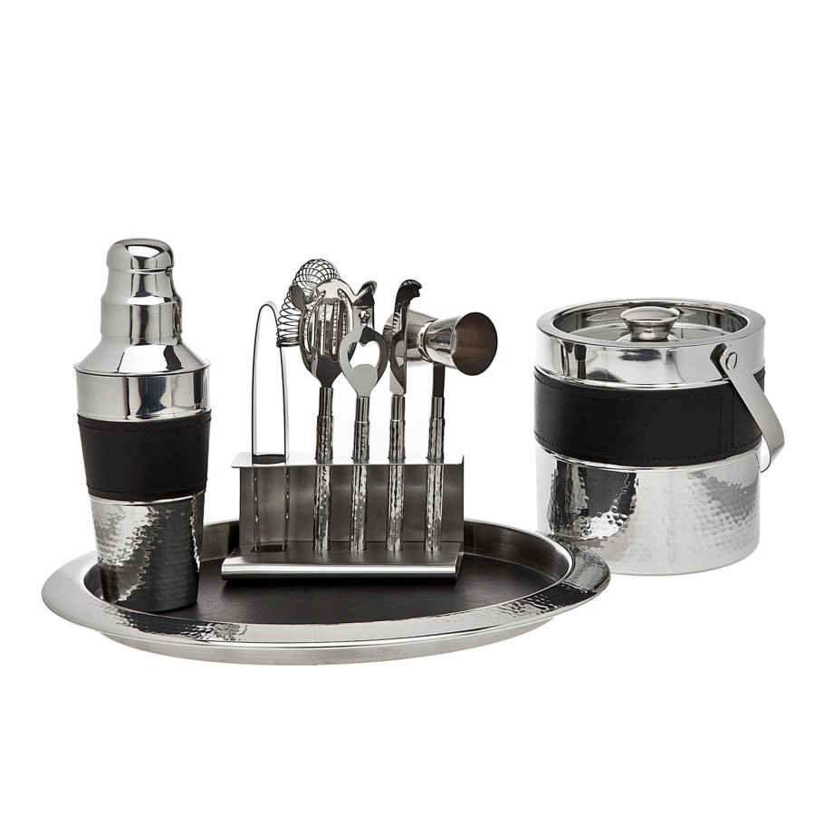 Glassware & Barware Godinger | Black Leather & Stainless Steel 9 Piece Bar Tool Set