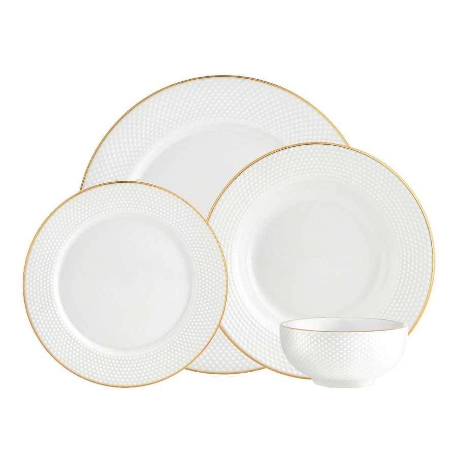 Dining Godinger | Pique Porcelain Gold Rim 16 Piece Dinnerware Set, Service For 4