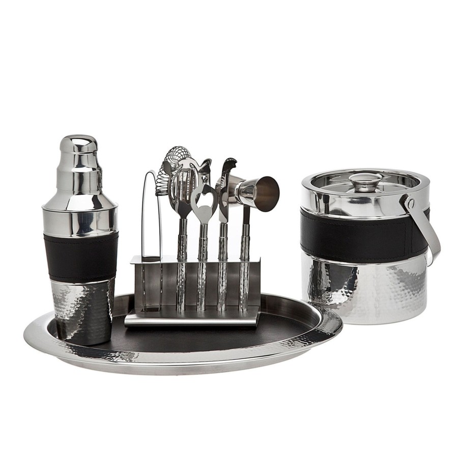 Glassware & Barware Godinger | Black Leather & Stainless Steel 9 Piece Bar Tool Set