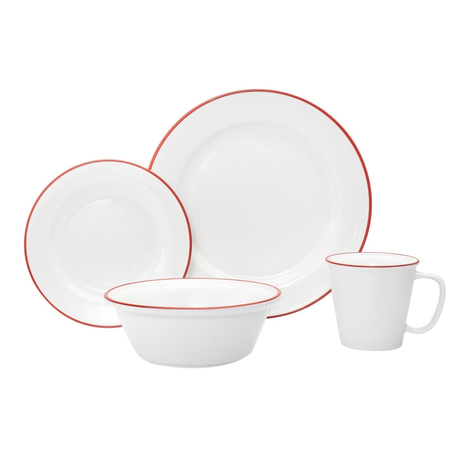 Dining Godinger | Bistro Red Rim Porcelain 16 Piece Dinnerware Set, Service For 4