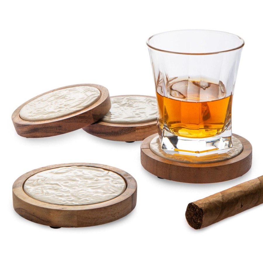 Glassware & Barware Godinger | Floral Porcelain & Wood Coaster Set